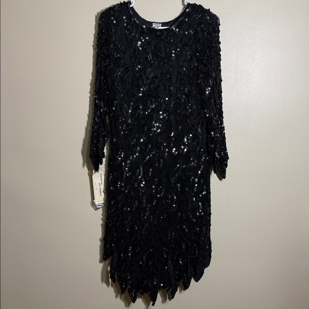 Vintage Evening by Jon Charles Beaded Sequins Long Sleeve Silk Black Mini Dress
